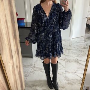 Ted Baker Black / Blue Leopard Animal Print Long Sleeve Dress 3 Medium